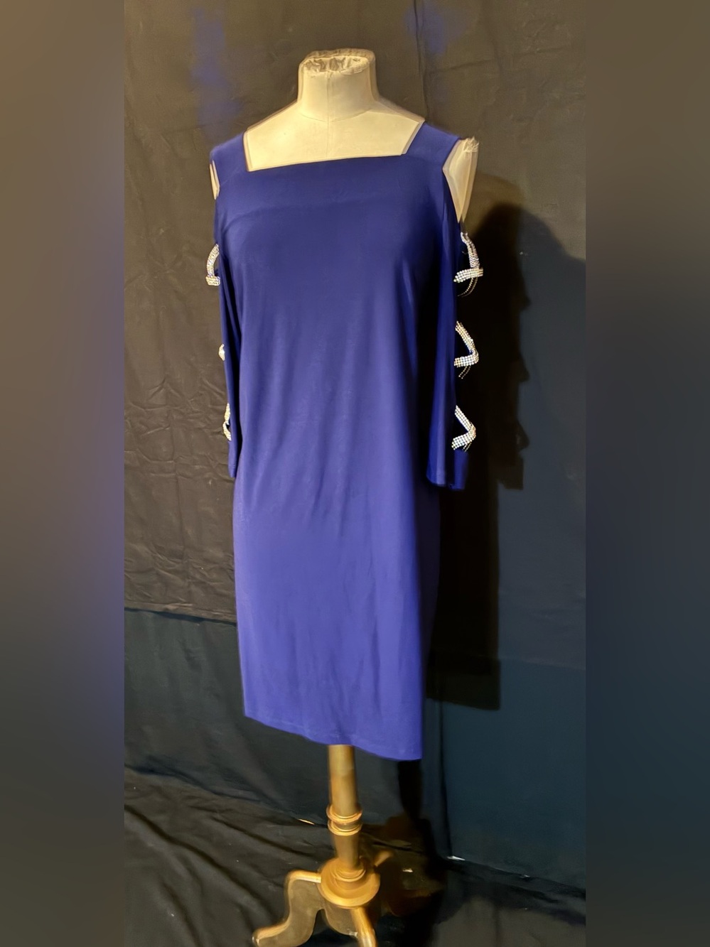 MSK Navy Blue Cold-Shoulder Midi Dress with Beaded Sleeve Accents